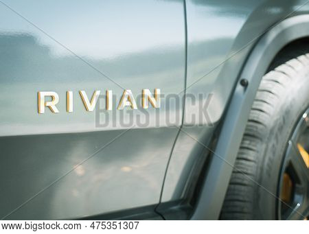 Futuristic-looking Rivian Branding Text On Passenger Door Of Brand-new Electric Vehicle R1T Pickup T