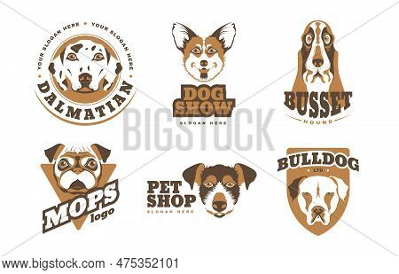 Dogs Breeds Pet Shop Show Logo Design Set In Flat Style Isolated Against White Background Vector Ill