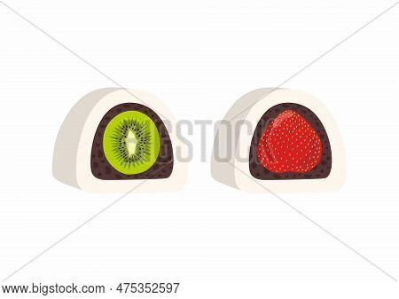 Strawberry And Kiwi Mochi Ichigo Daifuku Wagashi. Traditional Japanese Dessert. Asian Sweet Food