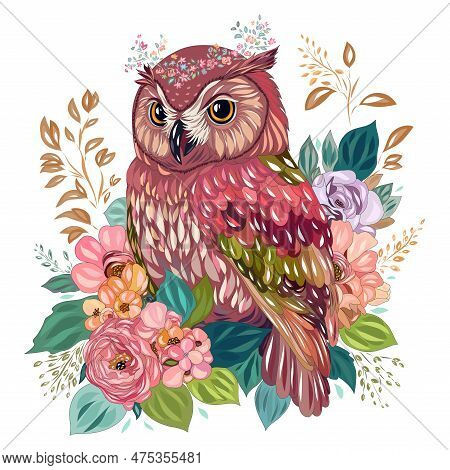 Owl Among Flowers And Plants. Wise Owl On A Flowering Branch. Vector Graphics