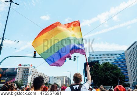 Lgbt Parade, Pride Month In Warsaw. Activists Gay, Lesbians, Trans, Hetero People In Lgbt Pride Para