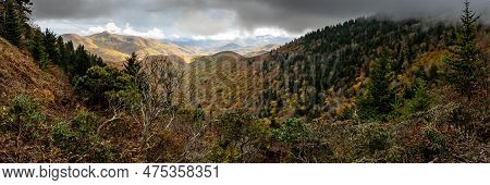 Rain Clouds Gater Over Gnarly Bushes Overlook Fall Colors In The Valley
