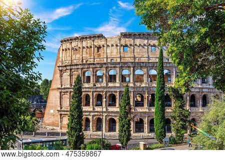 Famous Colosseum In Rome, Close View From The Park, Italy