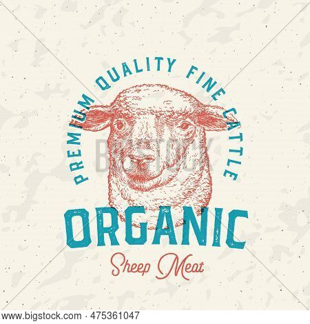 Risograph Style Lamb Meat Farm Retro Badge Logo Template. Hand Drawn Sheep Cattle Face Sketch With R