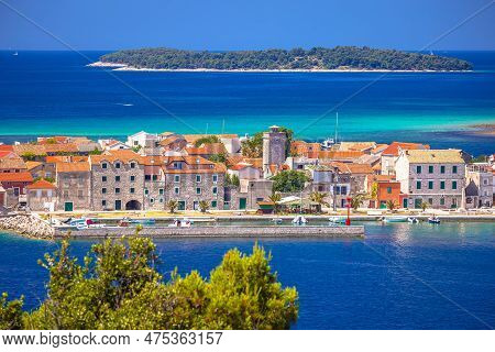 Island Of Krapanj Village Panoramic View, Sea Sponge Harvesting Village, Sibenik Archipelago Of Croa