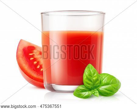 Glass Of Tomato Juice And Slice Of Tomato, Isolated On White