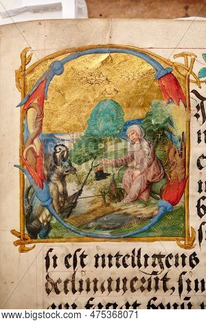 Lviv, Ukraine - April 4, 2020: Manuscripts In The Medieval Library. Incunabula.
