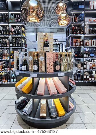 Latvia, Riga, April, 2023: Shelves With Variety Brand Of High Quality Alcohol In The Stockmann Shopp