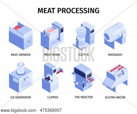 Isometric Factory Equipment For Meat Production Set With 3d Grinder Mixer Cutter Clipper Ice Generat