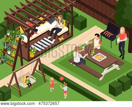 Garden Furniture Isometric Composition With View Of Backyard With Summerhouse Barbecue Table And Kid