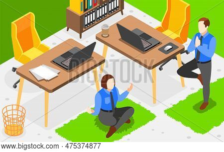 Soft Skills Patience Stress Tolerance Isometric Background With Two People Meditating In Office 3d V