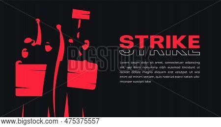 People Are On Strike Against Pension Reform. The Silhouette Of A Red Crowd With Posters And Signs. V