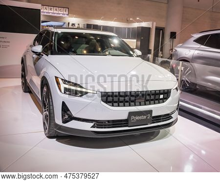 Toronto, Canada - 02 25 2023: Snow White Polestar 2 Battery Electric 5-door Liftback Displayed On 20