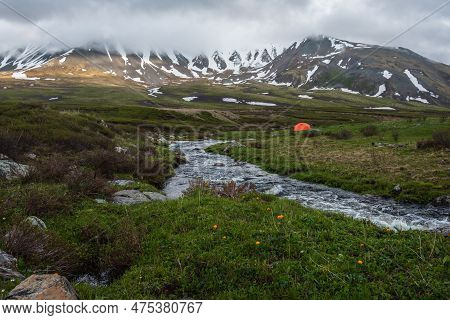 Orange Flowers Of Trollius And Orange Tent Near Clear Water Stream With View To Mountain Range Among