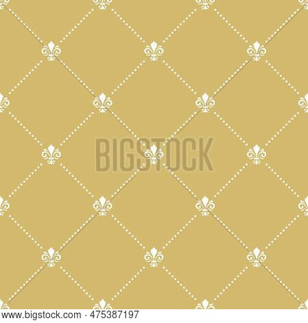 Seamless Vector Pattern. Modern Golden And White Geometric Ornament With Dots And Royal Lilies. Clas
