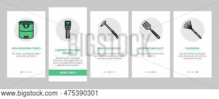 Garden Tool Shovel Rake Onboarding Mobile Vector. Agriculture Equipment, Plant Tool, Farm Nature, Po