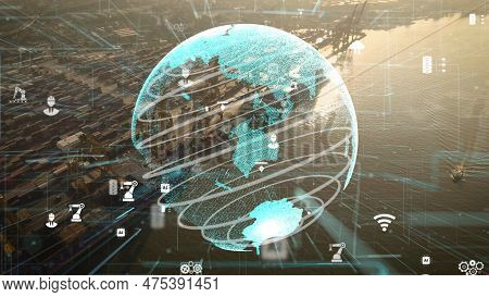 Shipping Harbor Aerial View With Graphic Of Network Technology Modernization Showing Concept Of Smar