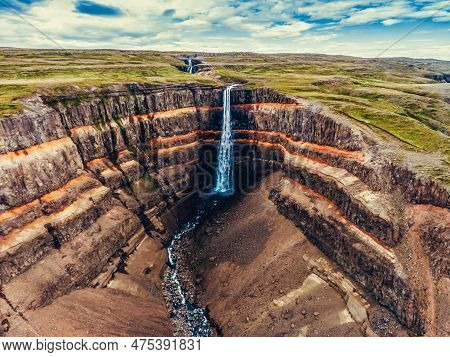 Aerial View Icelandic Summer Landscape Of The Aldeyjarfoss Waterfall In North Iceland. The Waterfall