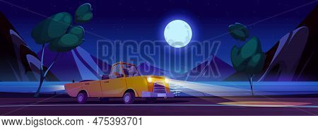 Cabriolet On Night Road Near Sea In Summer Trip Cartoon Vector Illustration. Luxury Car Ride Highway