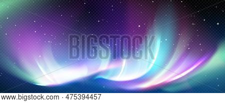 Northern Aurora Light In Polar Sky At Night Vector. Abstract Realistic Borealis Illustration In Gree