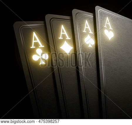 A Fanned Out Suit Of Four Black Casino Aces Cards With Glowing Gold Markings On A Dark Background - 