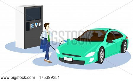 Driving Man In Smart Suit Hold The Coat. Walking Front Of Electric Vehicle Car Green Color.  Electri