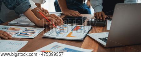 Panoramic Shot Office Worker Team Analyze Dashboard Paper And Financial Report, Calculate Profit And
