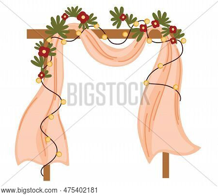 Wedding Arch With Flowers, Leaves And Garlands. Decor For Marriage Ceremony, Party And Birthday. Vec
