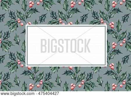 Watercolor Banner With Winter Palnt. Holly Print On Dark Background. Hand Drawn Berries Illustration