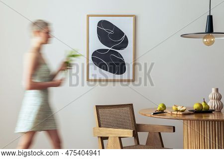 Interior Design Of Aesthetic And Elegant Room With Woman In Dress, Mock Up Poster Frame, Round Table