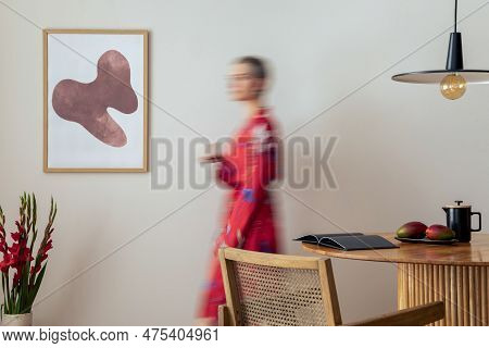 Sunny And Bright Space Of Living Room With Mock Up Poster Frame, Woman In Red Kimono, Bouquet Flower