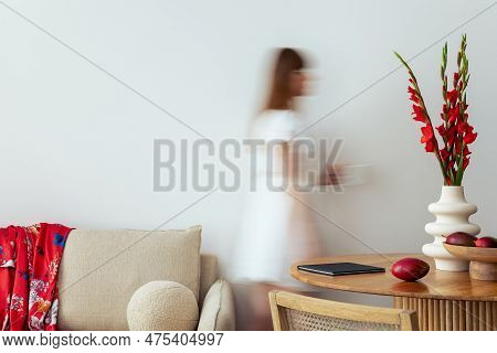 Interior Design Of Aesthetic And Elegant Room With Woman In Dress, Mock Up Poster Frame, Round Table