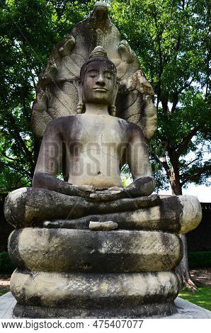 Ancient Buddha Attitude Of Meditation Protected Cover Head By Mythical Serpent Or Antique Naga Prok