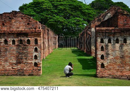 Thai Men Photographer Travelers People Travel Visit And Use Digital Camera Shooting Ancient Ruins Bu