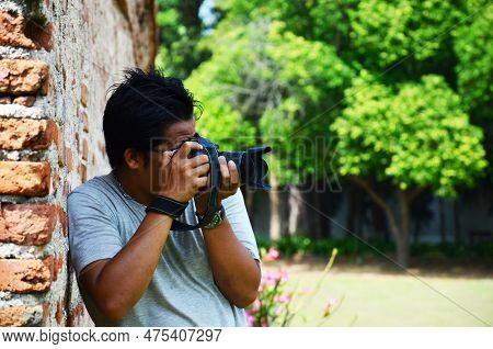 Thai Men Photographer Travelers People Travel Visit And Use Digital Camera Shooting Ancient Ruins Bu