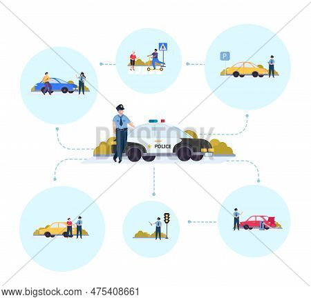 Traffic Police Flat Composition Set Police Officer Works As A Traffic Controller Checks The Document