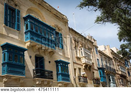 Valetta, Malta - April 18, 2023: Historical Architecture In Valetta Old Town. Traditional Blue Malte