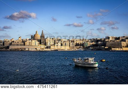 Valetta, Malta - April 18, 2023:
A Panorama Of Old City Valetta, Viewed From Sliema. Small Fishing B