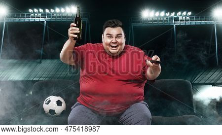 Soccer Fun - Happy And Fat Man Watching Football At The Stadion, Taking Beer And Soccer Ball On Yell