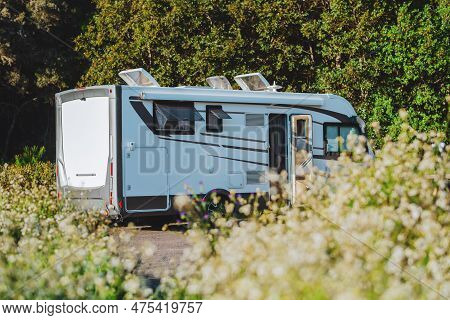 Modern Motorhome Camper Van Camping Car Parked In The Nature In Free Parking And Off Grid Vanlife Li