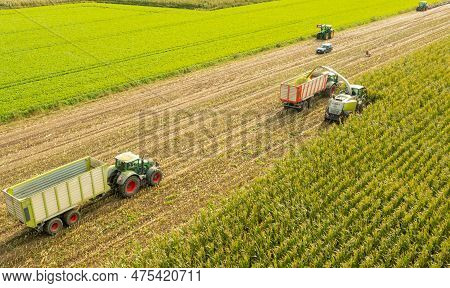 Hamburg, Germany - October 11, 2022: Claas Jaguar 960 Maize Chopper And Fendt 930 Vario Tractor With