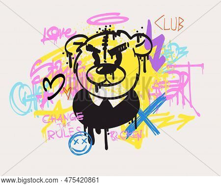 Urban Typography Slogan Change The Rules And Bear Doll With Spray Effect. Groovy Street Art Graffiti