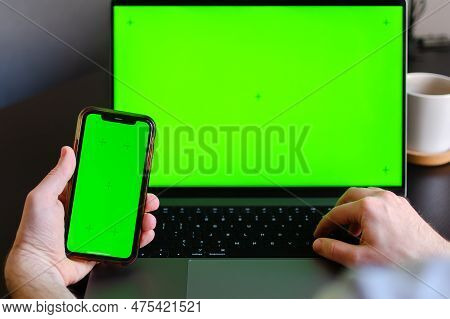 Information Or Data Transfer Between Mobile Phones And Laptop, Mockup Or Concept Of Wareless Connect