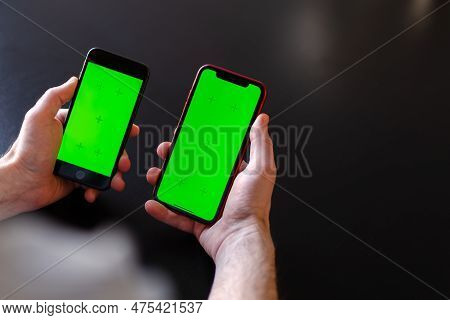 Two Hands Holding Mobile Phones Data Or Information Transfer Between Its, Mockup Or Concept Of Warel