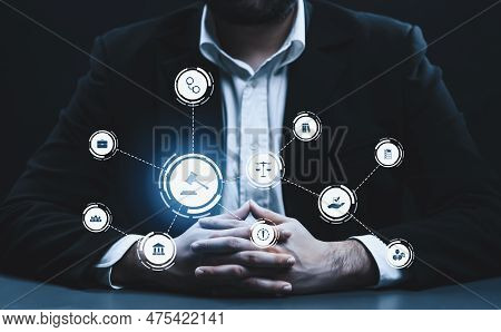 Smart Law, Legal Advice Icons And Lawyer Working Tools In The Lawyers Office Showing Concept Of Digi