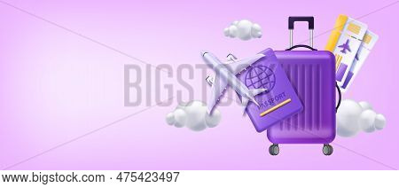 3d Plane Travel Vacation Banner, Vector Passport, Airplane Ticket, Suitcase Bag Summer Holiday. Airp