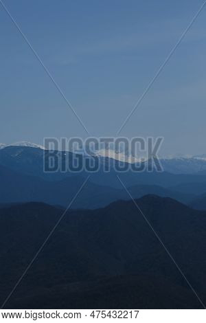 Minimalistic Landscape , No People. View Of Snowy Peak Of Mount Fisht From Afar. Main Caucasian Ridg