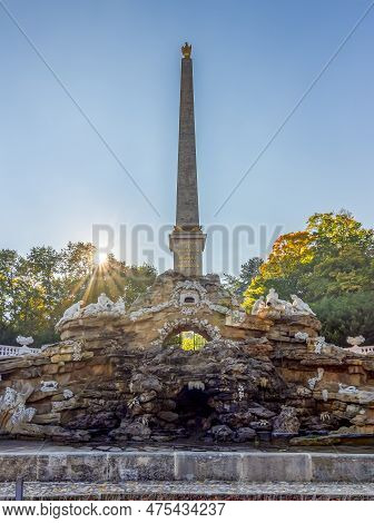 Vienna, Austria - October 2021: Obelisk And Grotto In Schonbrunn Park In Autumn