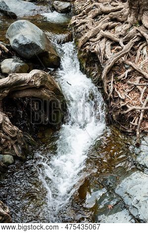 The Millomeris Waterfall With Rocks And Rapid Water, Pano Platres, Cyprus