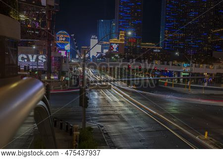 Gorgeous Out-of-focus Colorful Tracers Of Strip Road. Night Las Vegas Cityscape View. Nevada, Las Ve